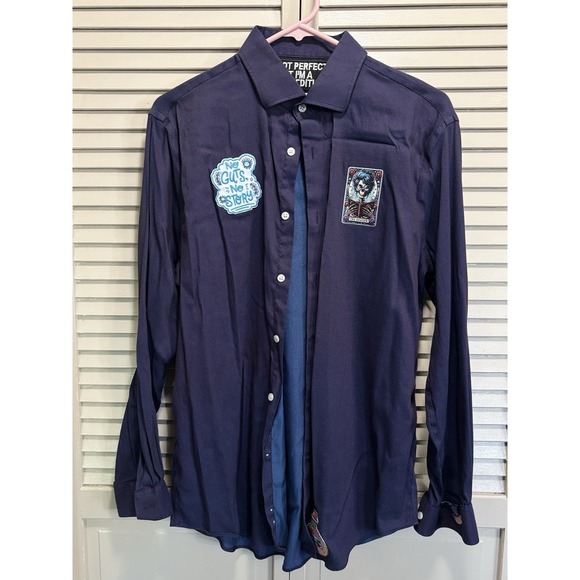 The Unbranded Brand Other - Blue Button Up Long Sleeve Slim Fit Stretch Shirt Size L 16.5" 32/33 Patches